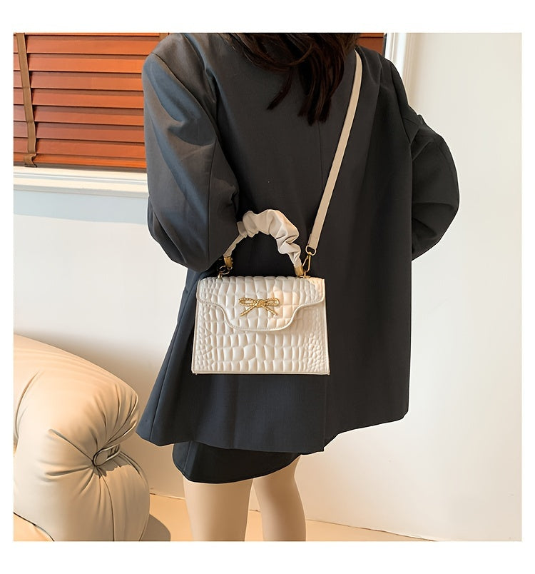 Vibrant Retro Crocodile Pattern Chic Shoulder Bag - Compact, Versatile, Fashionable, Everyday Wear with Bowknot Detail, Casual Street Style, and Chic Design - Perfect for Women's Daily Use